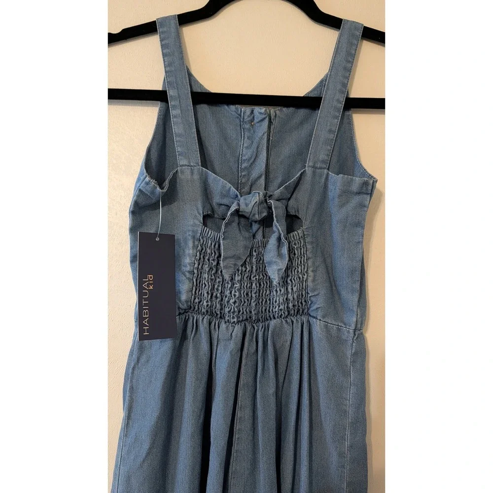 Habitual Kid Girls Denim Jumpsuit‎ Medium Stone Blue Wide Leg Tie Back Size 7-8